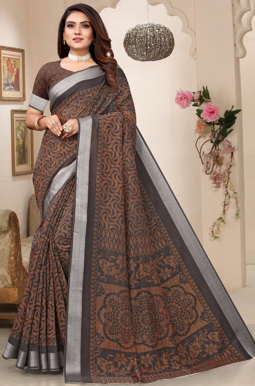 Linen Silver Zari Border Saree In Brown Colour With Digital Print And Blouse Material. Apparel & Accessories Roopkashish 