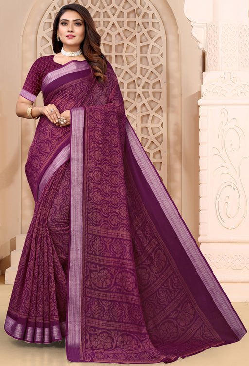 Linen Silver Zari Border Saree In Purple Colour With Digital Print And Blouse Material. Apparel & Accessories Roopkashish 
