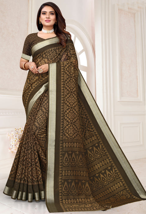 Linen Silver Zari Border Saree In Grey Colour With Digital Print And Blouse Material. Apparel & Accessories Roopkashish 