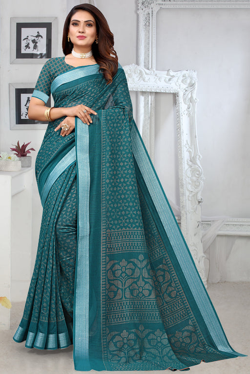 Linen Silver Zari Border Saree In Rama Colour With Digital Print And Blouse Material. Apparel & Accessories Roopkashish 