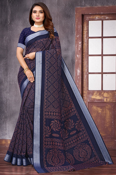 Linen Silver Zari Border Saree In Blue Colour With Digital Print And Blouse Material. Apparel & Accessories Roopkashish 