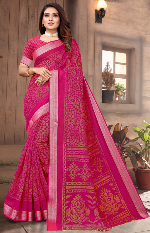 Linen Silver Zari Border Saree In Rani Colour With Digital Print And Blouse Material. Apparel & Accessories Roopkashish 