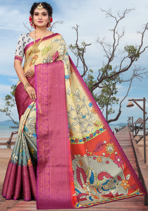 Designer Party Wear MultiColor Digital Print Khadi Saree With Jacquard Border And Khadi Multicolor Blouse Material. Apparel & Accessories Roopkashish 