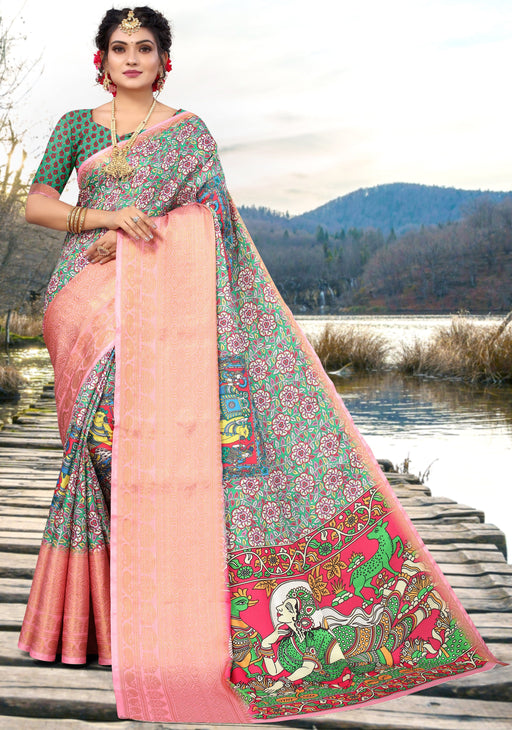 Designer Party Wear Digital Print MultiColor Khadi Saree With Jacquard Border And Multicolor Khadi Blouse Material. Apparel & Accessories Roopkashish 