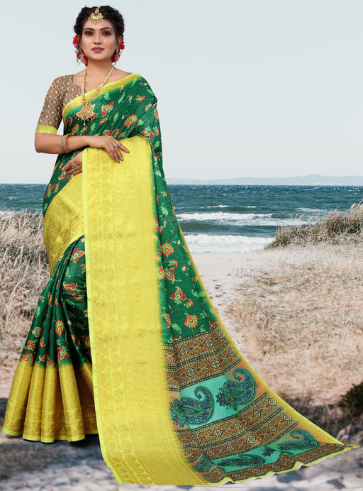 Designer Party Wear Digital Print Multicolor Khadi Saree With Jacquard Border With Khadi Multicolor Blouse Material. Apparel & Accessories Roopkashish 