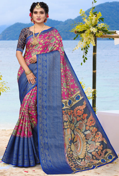 Designer Party Wear Digital Print Multi-color Khadi Saree With Jacquard Border With Khadi Multi-color Blouse Material. Apparel & Accessories Roopkashish 