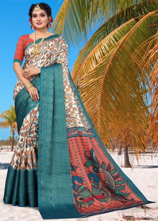 Designer Party Wear Multicolor Digital Print Khadi Saree With Jacquard Border With Multicolor Khadi Blouse Material. Apparel & Accessories Roopkashish 