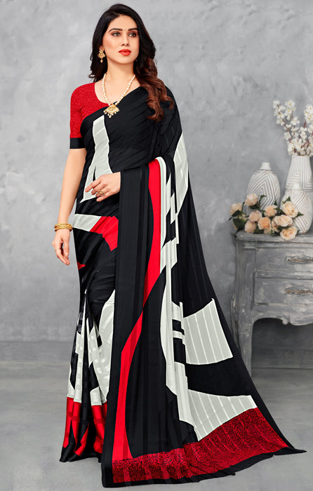 Designer Party Wear Satin Silk Multicolor Saree And Red Color Cotton Silk Blouse Material. Apparel & Accessories Roopkashish 