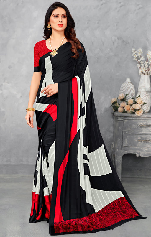 Designer Party Wear Satin Silk Multicolor Saree And Red Color Cotton Silk Blouse Material. Apparel & Accessories Roopkashish 