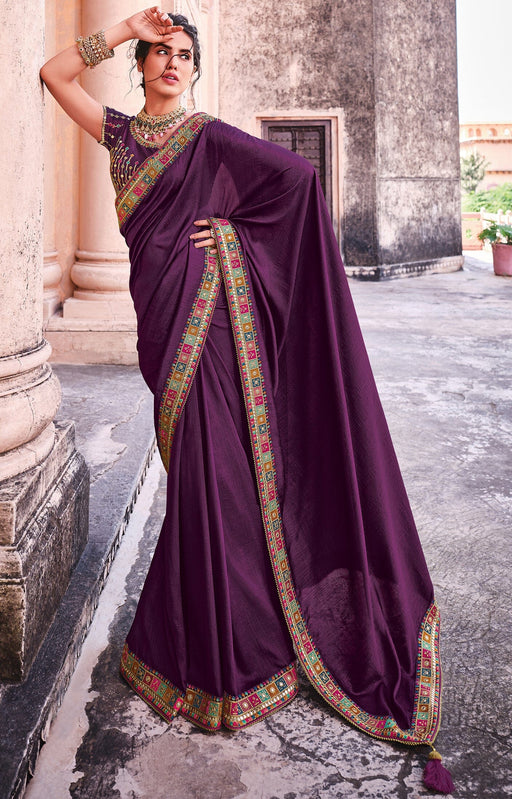 Traditional Designer Party Wear Purple Satin Saree With Embroidery Border. Apparel & Accessories Roopkashish 