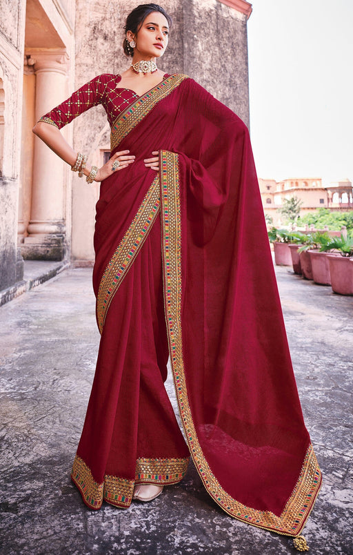 Traditional Designer Party Wear Maroon Satin Saree With Embroidery Border. Apparel & Accessories Roopkashish 