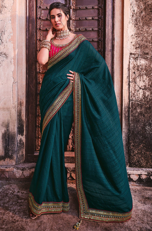 Traditional Designer Party Wear Teal Satin Saree With Embroidery Border. Apparel & Accessories Roopkashish 