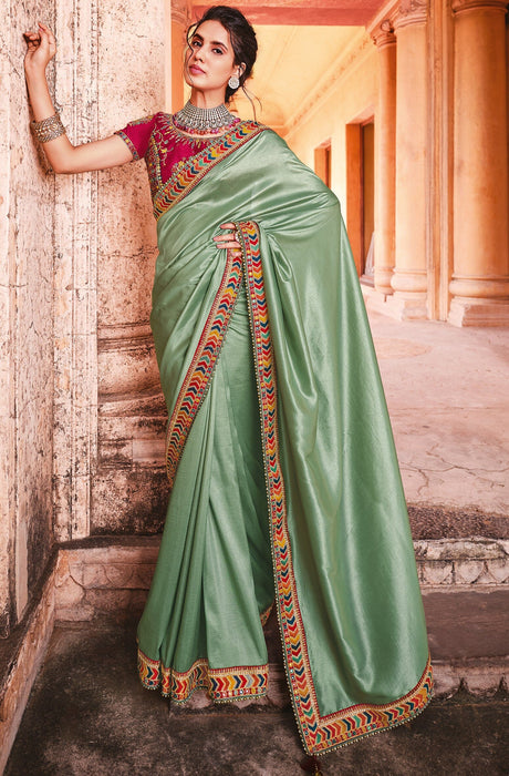Traditional Designer Party Wear Sea Green Satin Saree With Embroidery Border. Apparel & Accessories Roopkashish 