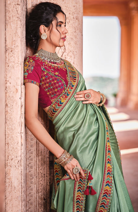 Traditional Designer Party Wear Sea Green Satin Saree With Embroidery Border. Apparel & Accessories Roopkashish 