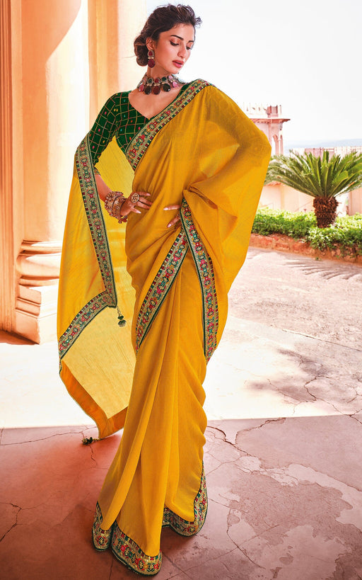 Traditional Designer Party Wear Yellow Satin Saree With Embroidery Border. Apparel & Accessories Roopkashish 