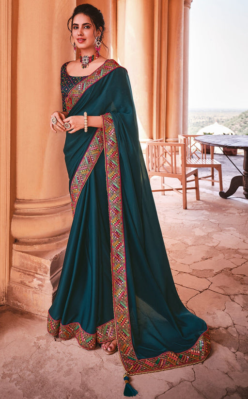 Traditional Designer Party Wear Blue Satin Saree With Embroidery Border. Apparel & Accessories Roopkashish 