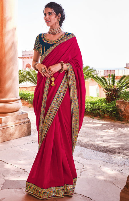 Traditional Designer Party Wear Pink Satin Saree With Embroidery Border. Apparel & Accessories Roopkashish 