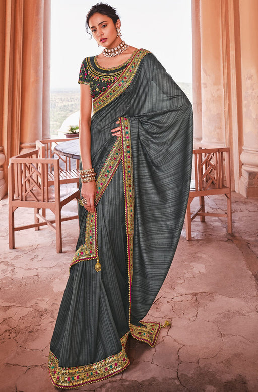 Traditional Designer Party Wear Grey Satin Saree With Embroidery Border. Apparel & Accessories Roopkashish 