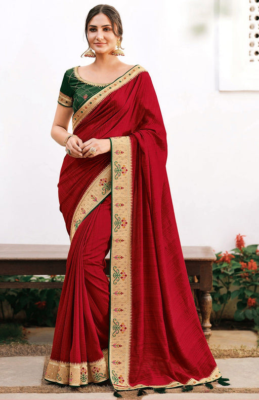 Traditional Designer Party Wear Red Color Vichitra Silk Saree With Embroidery Border Tassal Pallu And Green Color Embroidery Blouse Piece. Apparel & Accessories Roopkashish 
