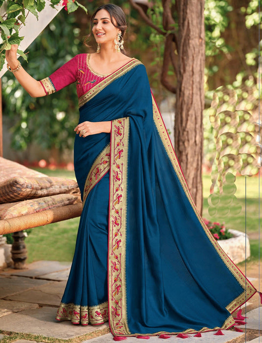Traditional Designer Party Wear Blue Color Vichitra Silk Saree With Embroidery Border Tassal Pallu And Pink Color Embroidery Blouse Piece. Apparel & Accessories Roopkashish 