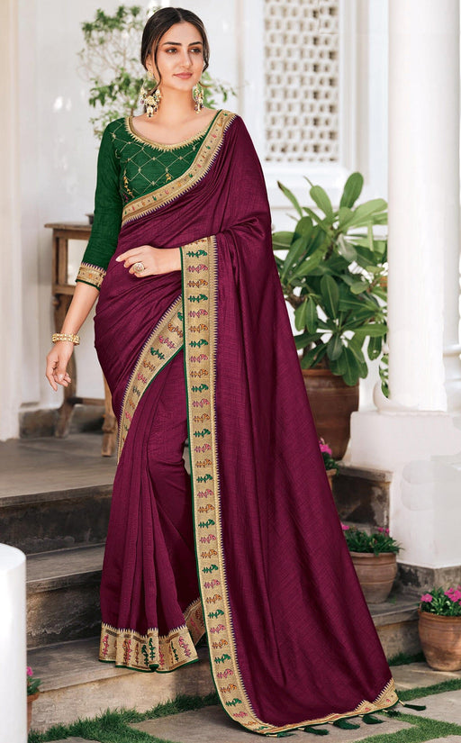 Traditional Designer Party Wear Purple Color Vichitra Silk Saree With Embroidery Border Tassal Pallu And Green Color Embroidery Blouse Piece. Apparel & Accessories Roopkashish 