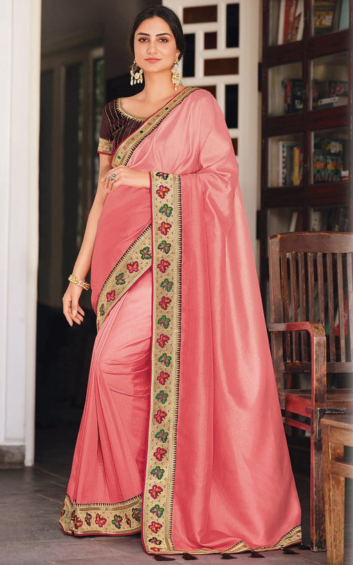Traditional Designer Party Wear Peach Color Vichitra Silk Saree With Embroidery Border Tassal Pallu And Wine Color Embroidery Blouse Piece. Apparel & Accessories Roopkashish 