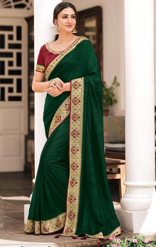 Traditional Designer Party Wear Green Color Vichitra Silk Saree With Embroidery Border Tassal Pallu And Maroon Color Embroidery Blouse Piece. Apparel & Accessories Roopkashish 