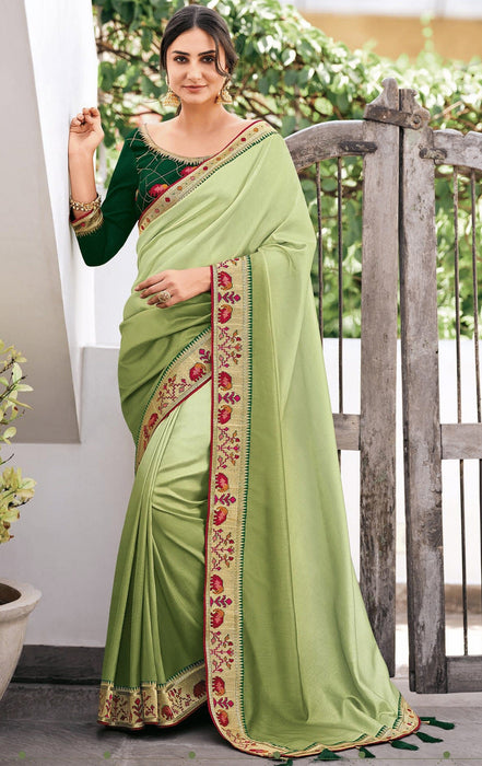 Traditional Designer Party Wear Sea Green Color Vichitra Silk Saree With Embroidery Border Tassal Pallu And Green Color Embroidery Blouse Piece. Apparel & Accessories Roopkashish 