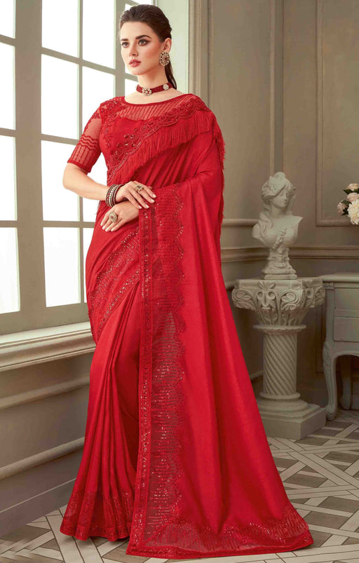 Traditional Designer Party Wear Red Colour Georgette Saree With Sequance Work Border. Apparel & Accessories Roopkashish 
