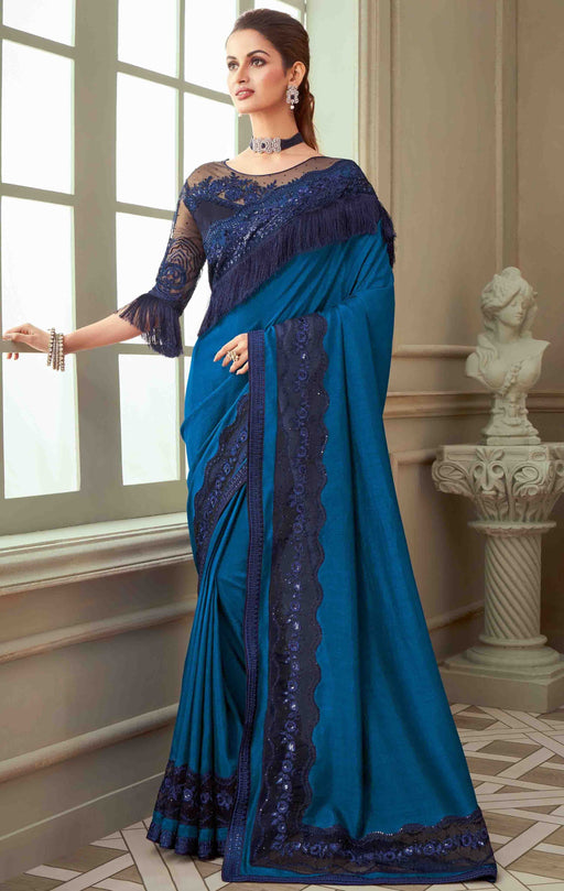 Traditional Designer Party Wear Blue Colour Georgette Saree With Sequance Work Border. Apparel & Accessories Roopkashish 