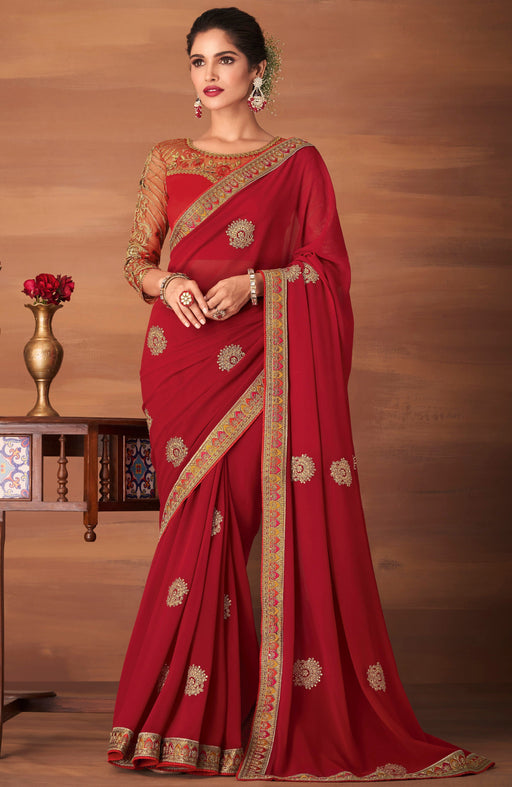 Traditional Designer Party Wear Embroidered Georgette Maroon Silk Saree With Maroon Net, Dupion Silk Blouse Roopkashish 