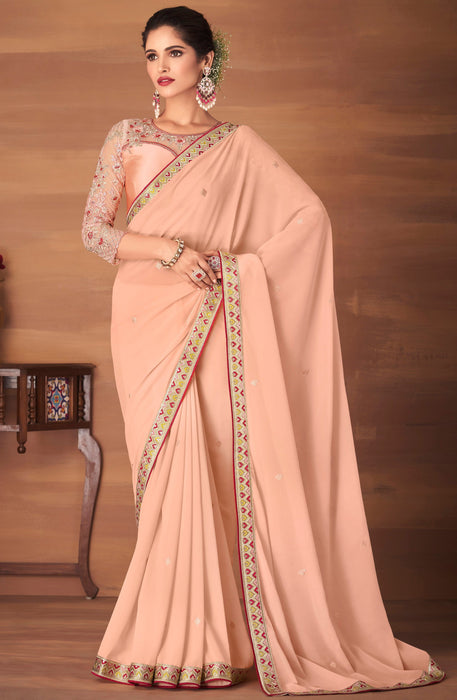 Traditional Designer Party Wear Embroidered Georgette Peach Silk Saree With Peach Net, Dupion Silk Blouse Roopkashish 