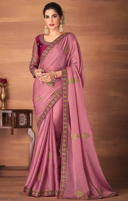 Traditional Designer Party Wear Embroidered Georgette Peach Silk Saree With Maroon Net, Dupion Silk Blouse Roopkashish 