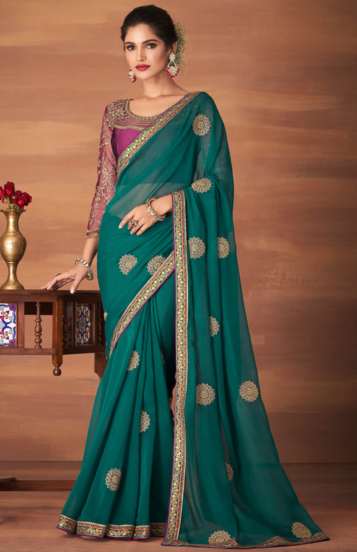 Traditional Designer Party Wear Embroidered Georgette Green Silk Saree With Purple Net, Dupion Silk Blouse Roopkashish 