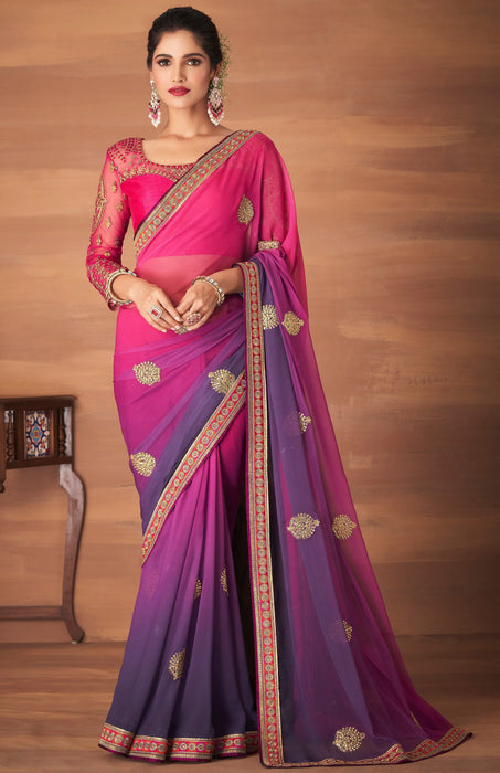 Traditional Designer Party Wear Embroidered Georgett Multicolour Silk Saree With Pink Net, Dupion Silk Blouse Roopkashish 