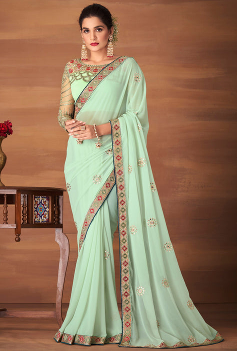 Traditional Designer Party Wear Embroidered Georgette Pista colour Silk Saree With Pista colour Net, Dupion Silk Blouse Roopkashish 