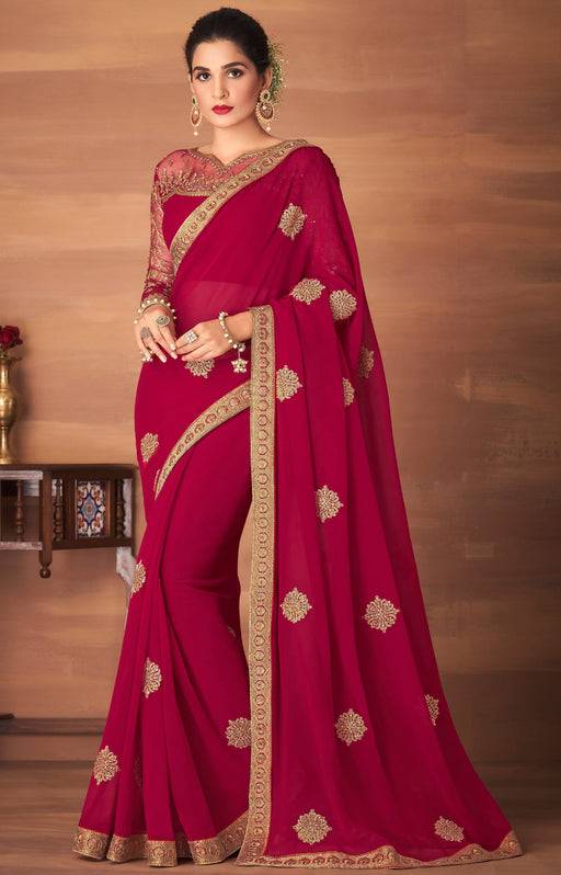 Traditional Designer Party Wear Embroidered Georgette Red Silk Saree With Red Net, Dupion Silk Blouse Roopkashish 