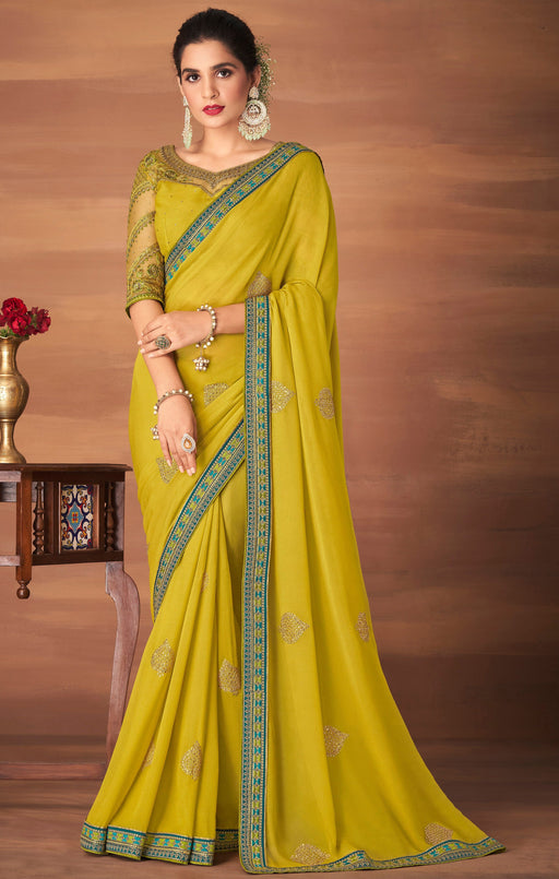 Traditional Designer Party Wear Embroidered Georgette Yellow Silk Saree With Yellow Net, Dupion Silk Blouse Roopkashish 