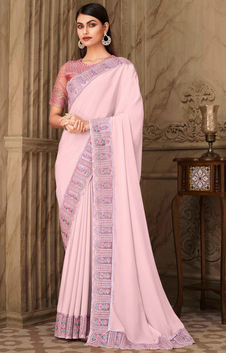 Traditional Designer Party Wear Pink Colour Georgette Saree With Sequance Work Border. Apparel & Accessories Roopkashish 