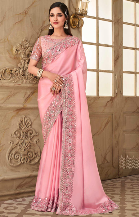 Traditional Designer Party Wear Peach Colour Georgette Saree With Sequance Work Border. Apparel & Accessories Roopkashish 