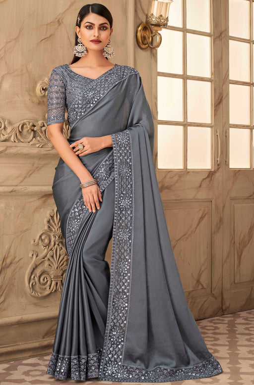 Traditional Designer Party Wear Grey Colour Georgette Saree With Sequance Work Border. Apparel & Accessories Roopkashish 