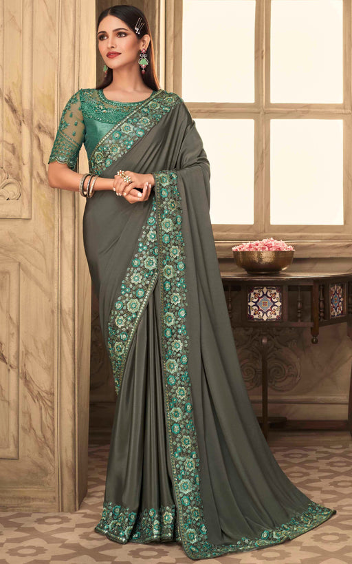 Traditional Designer Party Wear Grey Colour Georgette Saree With Sequance Work Border. Apparel & Accessories Roopkashish 