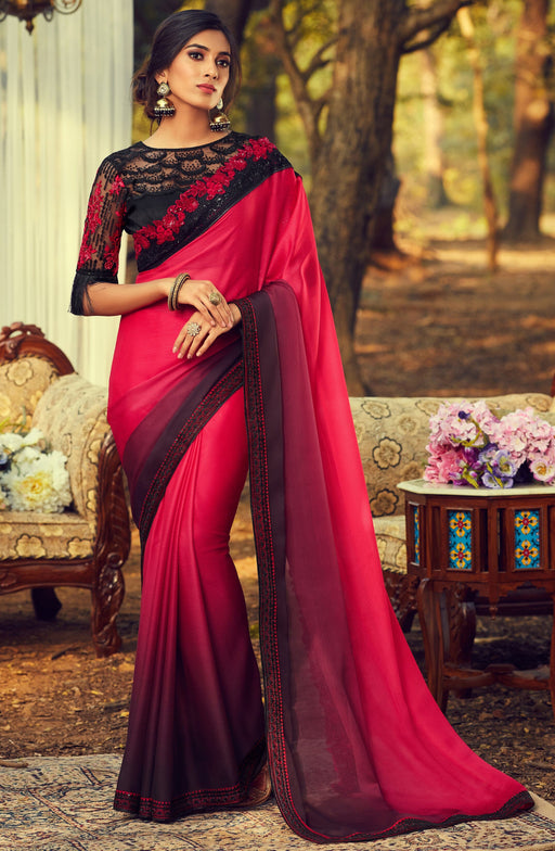 Traditional Designer Party Wear Rani/Wine Colour Georgette Saree With Sequance Work Border. Apparel & Accessories Roopkashish 