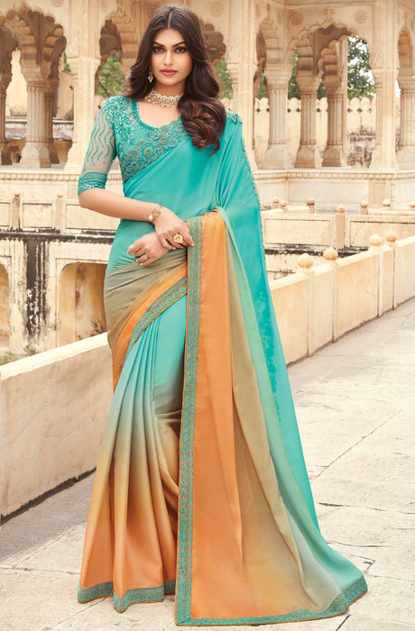 Traditional Designer Party Wear Multi Colour Georgette Saree With Sequance Work Border. Apparel & Accessories Roopkashish 