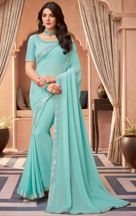 Traditional Designer Party Wear Embroidered Torquiose Colour Georgette Silk Saree . Apparel & Accessories Roopkashish 