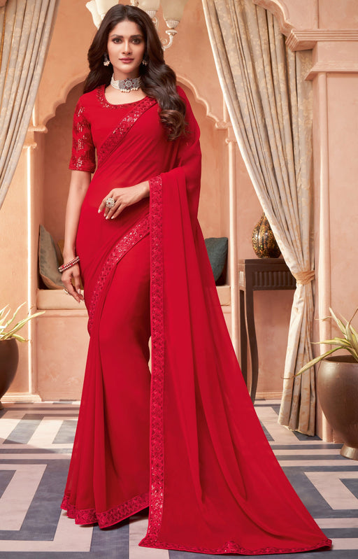 Traditional Designer Party Wear Embroidered Red Colour Georgette Silk Saree . Apparel & Accessories Roopkashish 