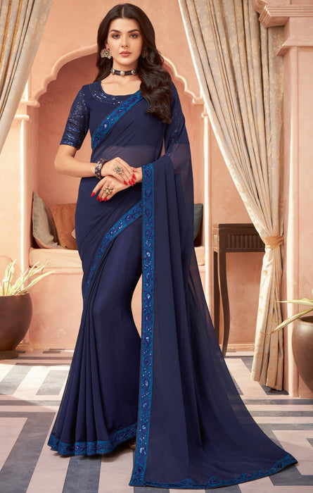 Traditional Designer Party Wear Embroidered Blue Colour Georgette Silk Saree . Apparel & Accessories Roopkashish 