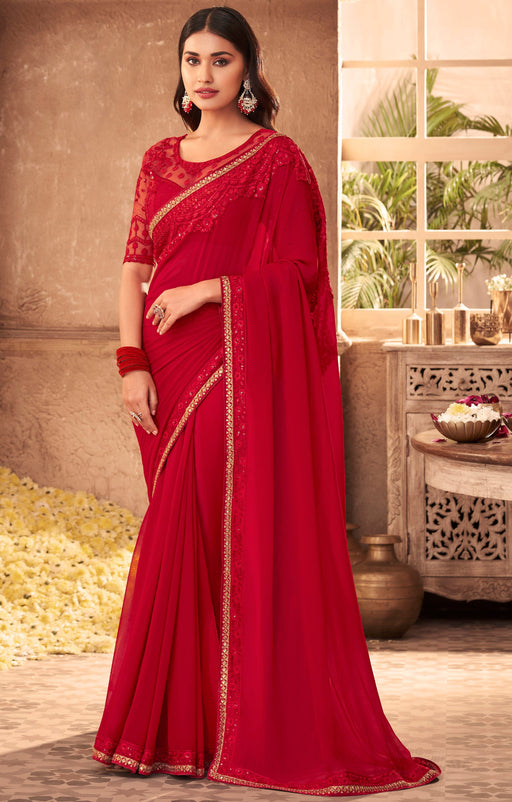 Traditional Designer Party Wear Georgette Saree With Sequance Work Border and Heavy Embroidery Net, Dupion Silk Blouse Piece Apparel & Accessories Roopkashish 