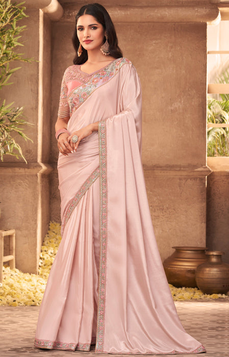 Traditional Designer Party Wear Peach Colour Georgette Saree With Sequance Work Border. Apparel & Accessories Roopkashish 