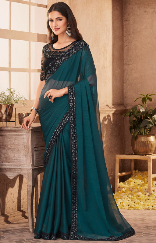 Traditional Designer Party Wear Teal Colour Georgette Saree With Sequance Work Border. Apparel & Accessories Roopkashish 